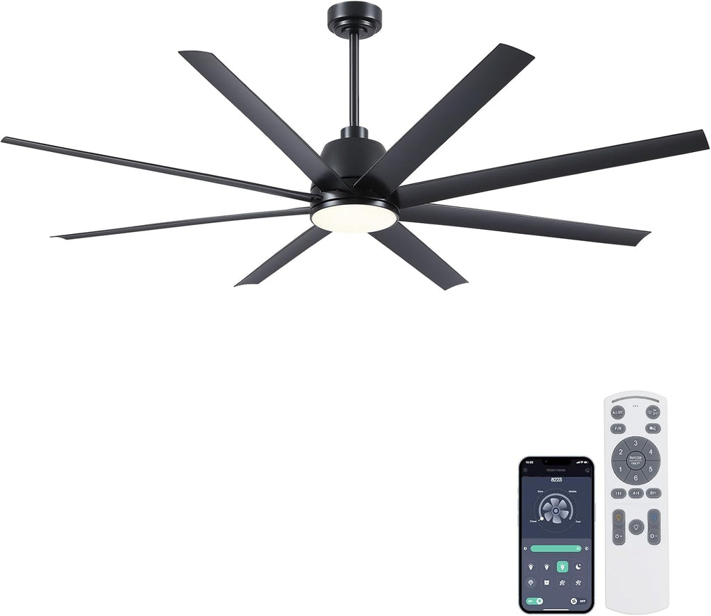 72" Black Ceiling Fan with Lights and Remote Control - Large Industrial Ceiling Fan with 8 ABS Blades, Dimming, DC Motor Reversible, Indoor/Outdoor Modern Ceiling Fan for Living Room, Black A101-B0DQKTB1F2
