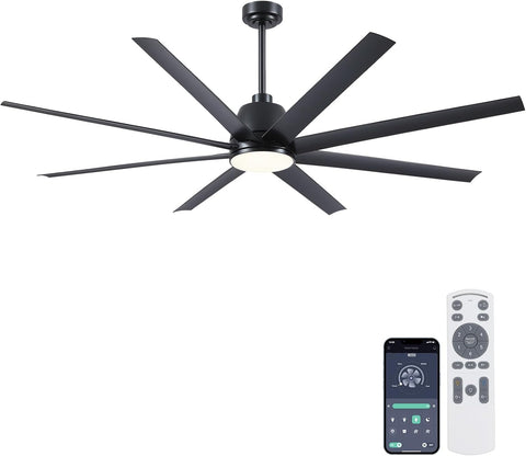 72" Black Ceiling Fan with Lights and Remote Control - Large Industrial Ceiling Fan with 8 ABS Blades, Dimming, DC Motor Reversible, Indoor/Outdoor Modern Ceiling Fan for Living Room, Black A101-B0DQKTB1F2