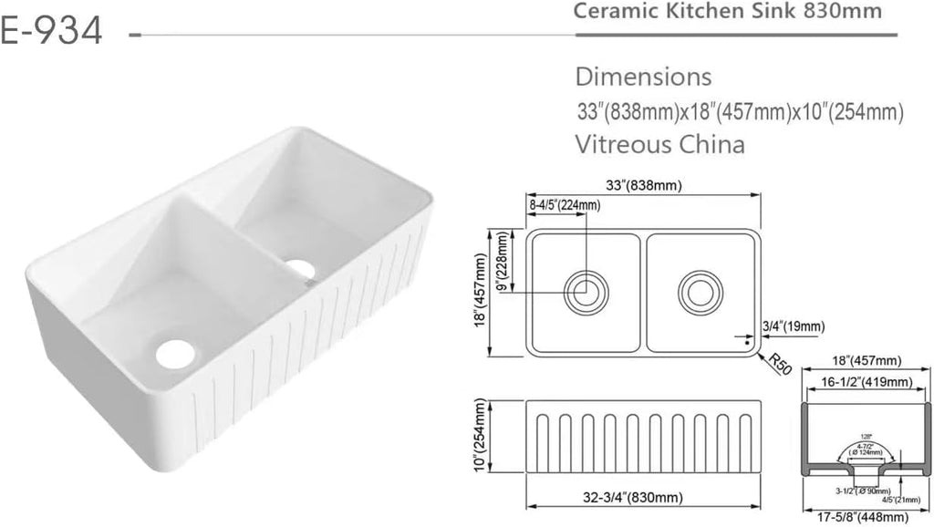 33-inch White Single Bowl Farmhouse Kitchen Sink Countertop with Vertical Double Bowl - Includes Drain and Drain Rack