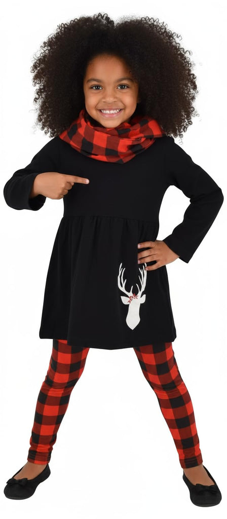 Girls 3 Piece Kids Toddler Christmas Plaid Reindeer Legging Set Outfit Long Sleeve Stretch Tunic Top Leggings and