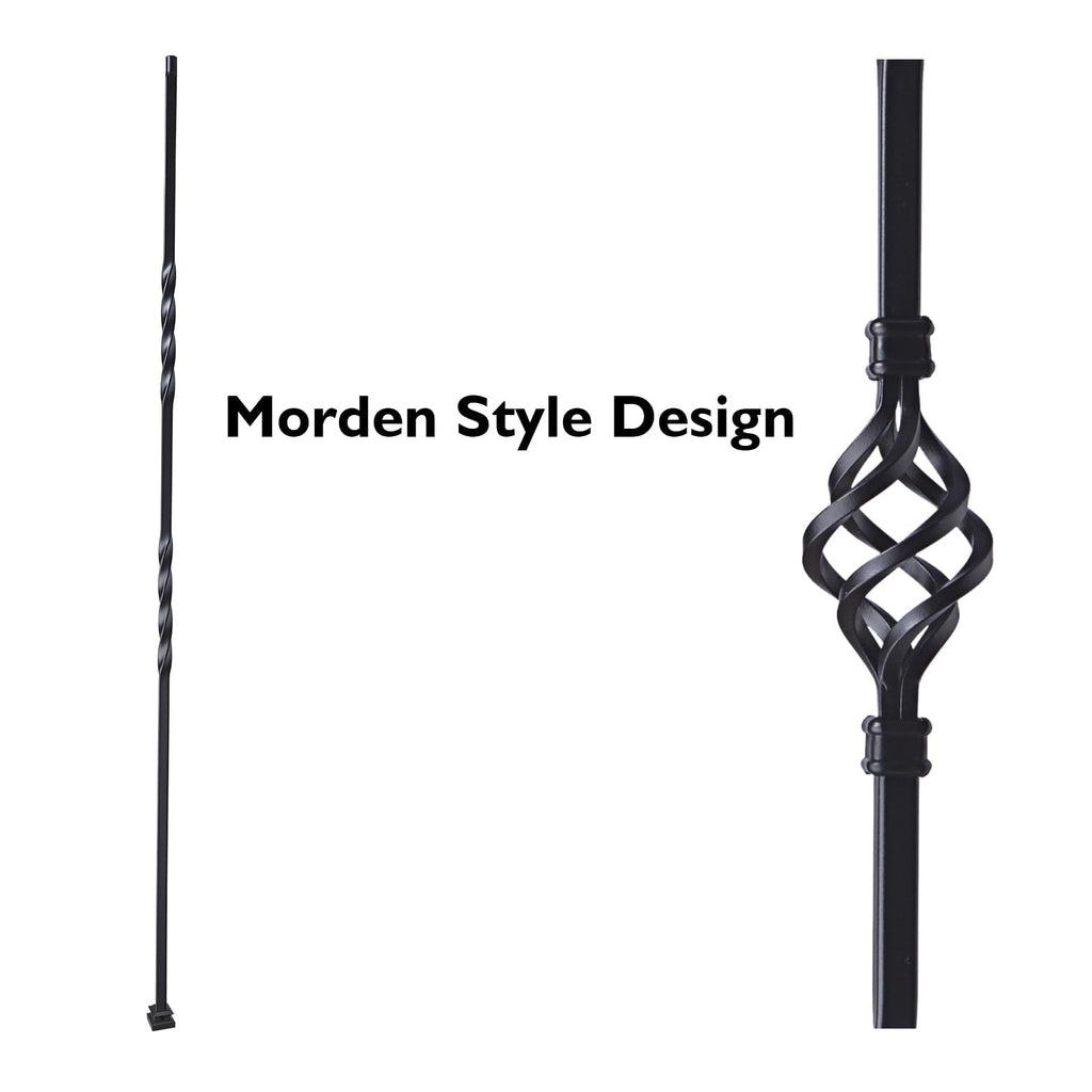 10-Pack Iron Balusters for Stairs, 1/2"x44" Hollow Double Twist and Single Basket Metal Stair Spindles, Satin Black