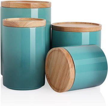 Kitchen Canisters Ceramic Food Storage Jar Set, Stackable Containers with Airtight Seal Wooden Lid for Serving Ground - Set of 4
