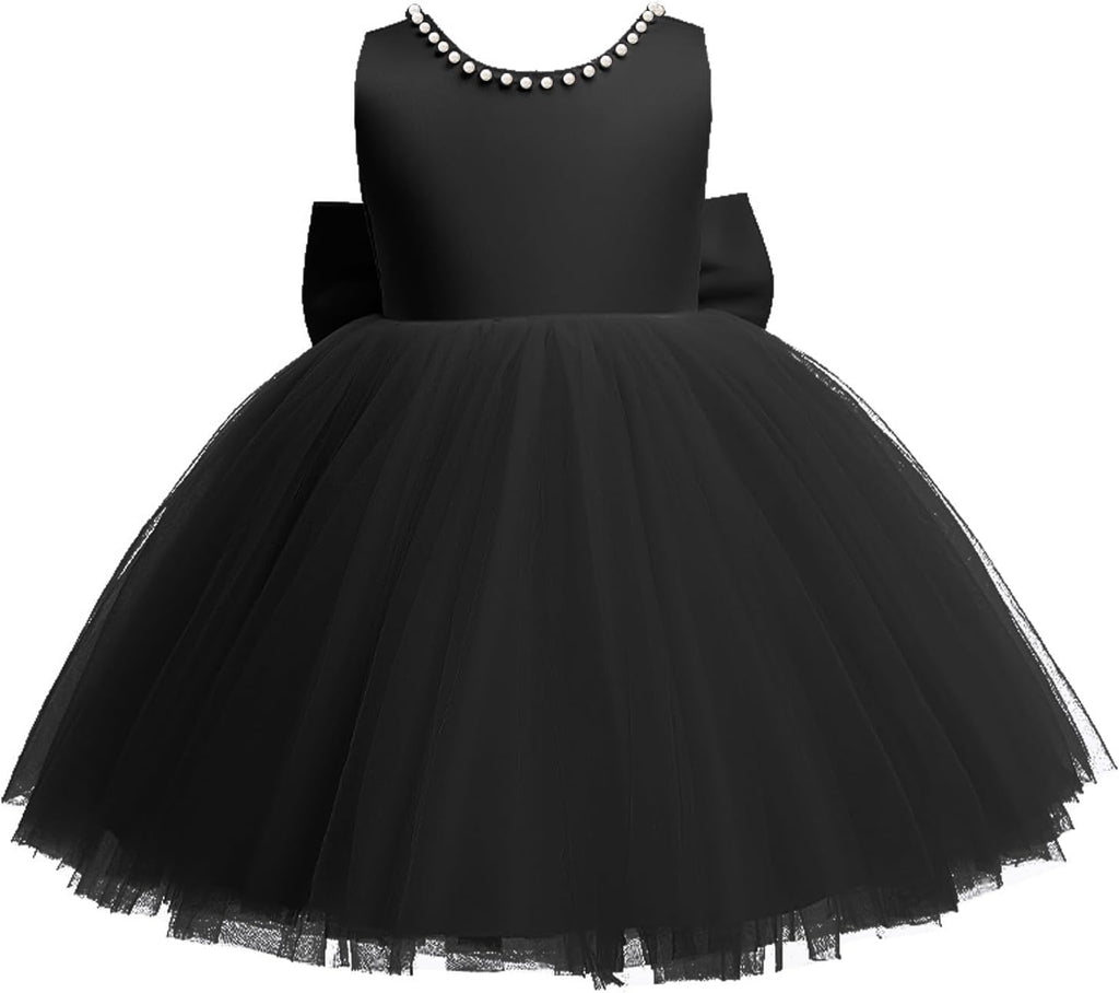 Toddler Baby Girls Pearl Backless Big Bowknot Tutu Gown Party Wedding Ball Gown Princess Dress with Headwear