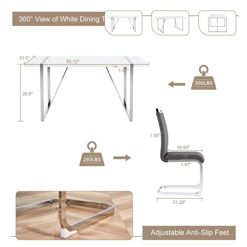 Dining Table Set for 4, White Rectangular MDF Kitchen Table and Leather Dining Chairs Set of 4, 5 Piece Dining Table