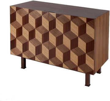 Mid-Century 2-Door Wood Storage Cabinet, Heritage Brown Finish, Walnut, Oak, Sapele Veneer, Metal Base, 40"x18"x28"