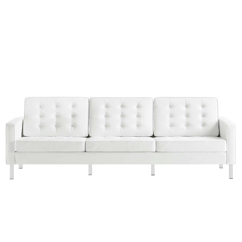 Loft Tufted Button Faux Leather Upholstered Sofa in Silver White