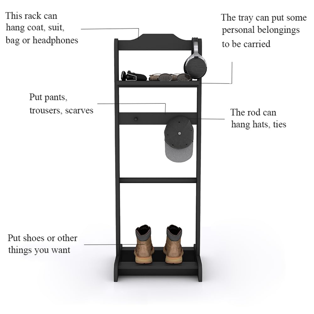 Suit Valet Stand for Men, Wooden Clothes Rack with Tray, Black