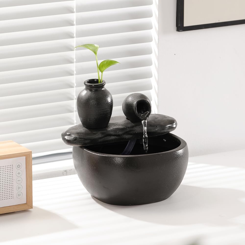 Ceramic Tabletop Fountain and Home Decoration Table Desk Office Patio (Ceramic Pot Fountain) (Black)