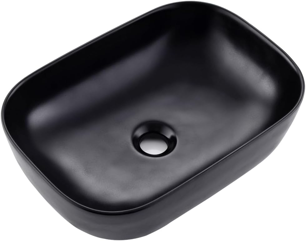Black Vessel Sink Rectangle, 18"x13" Above Counter Porcelain Ceramic Bathroom Vessel Sink With Faucet and Drain Combo