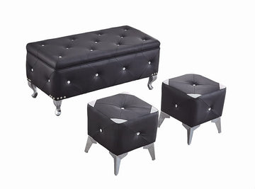 Faux Leather Large Storage Ottoman Bench Set Foot Rest Stools Bedroom with 2pcs Ottomans Upholstered, Black