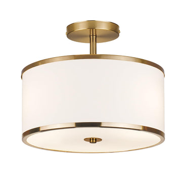 Luxury Semi Flush Mount Ceiling Light, 3-Light Drum Lamp with Gold Brass Finish and Fabric Shade, Ideal, and Foyer
