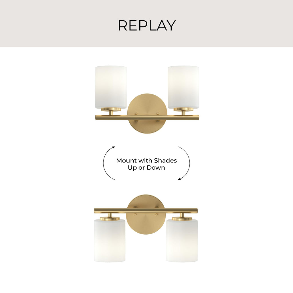 Replay 13 Inch 2-Light Vanity Light, Transitional, Brushed Gold with Etched Glass Shades, (7.875" H x 13" W x 6" D)