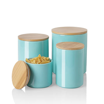 Kitchen Canisters Ceramic Food Storage Jar Set, Stackable Containers with Airtight Seal Wooden Lid for Serving Ground