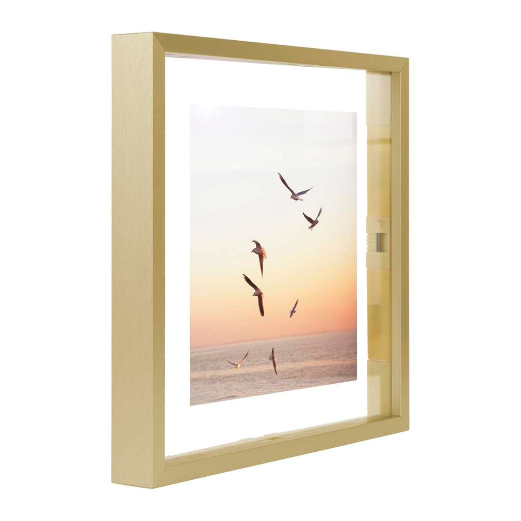 2 Pack 8x8 Gold Metal Floating Picture Frame Real Glass