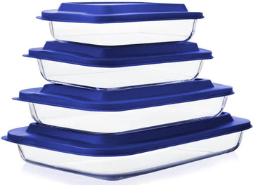 8 Piece Deep Glass Baking Dish with Lids, BPA free, Navy Blue