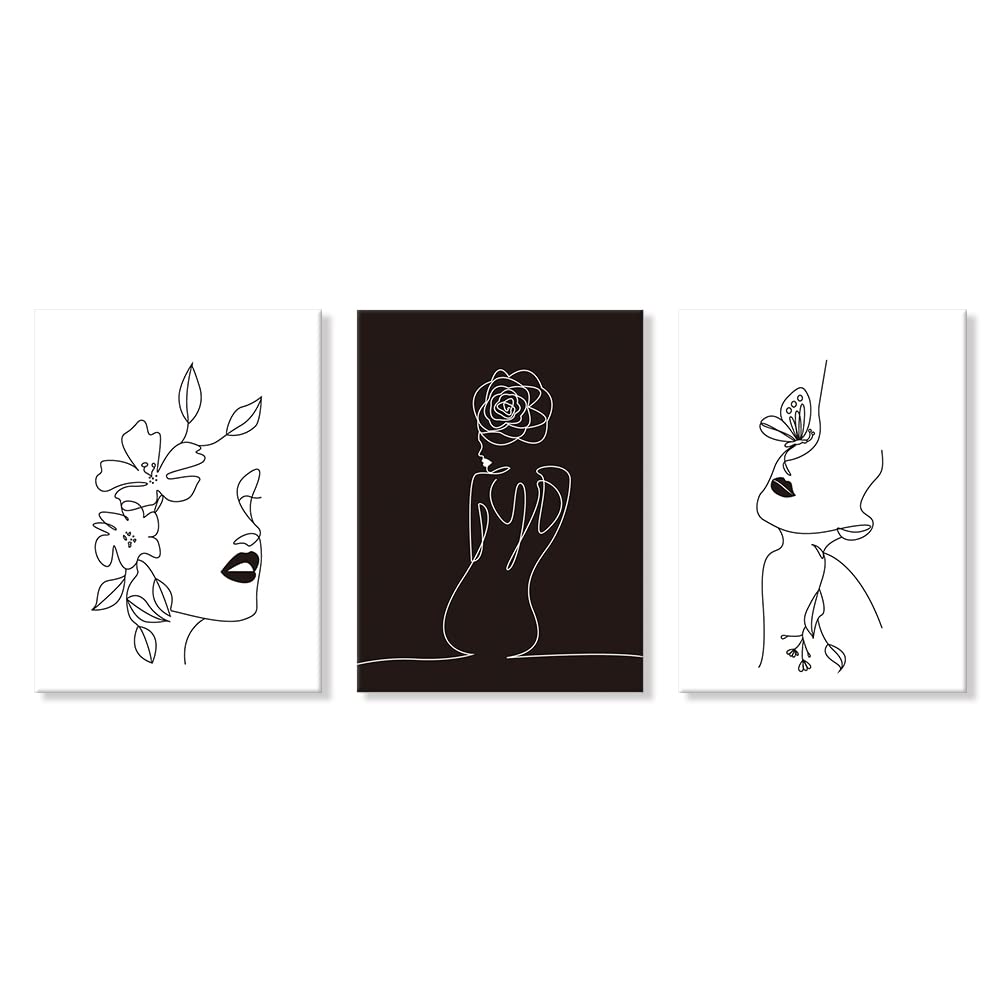 Minimalist Line Art Prints Set of 3 Abstract Women Faces Flower Wall Art Black and White Line Drawing Painting Modern