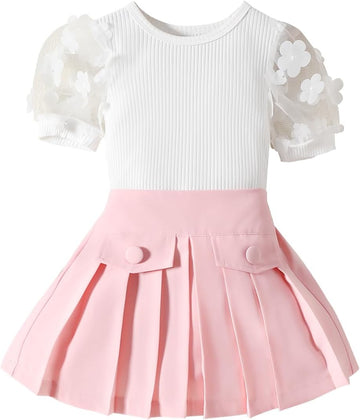 Toddler Baby Girl Skirts Outfit Spring Summer Kids Clothes Sleeveless Knit Vest Top + Pleated A-Line Skirt Set
