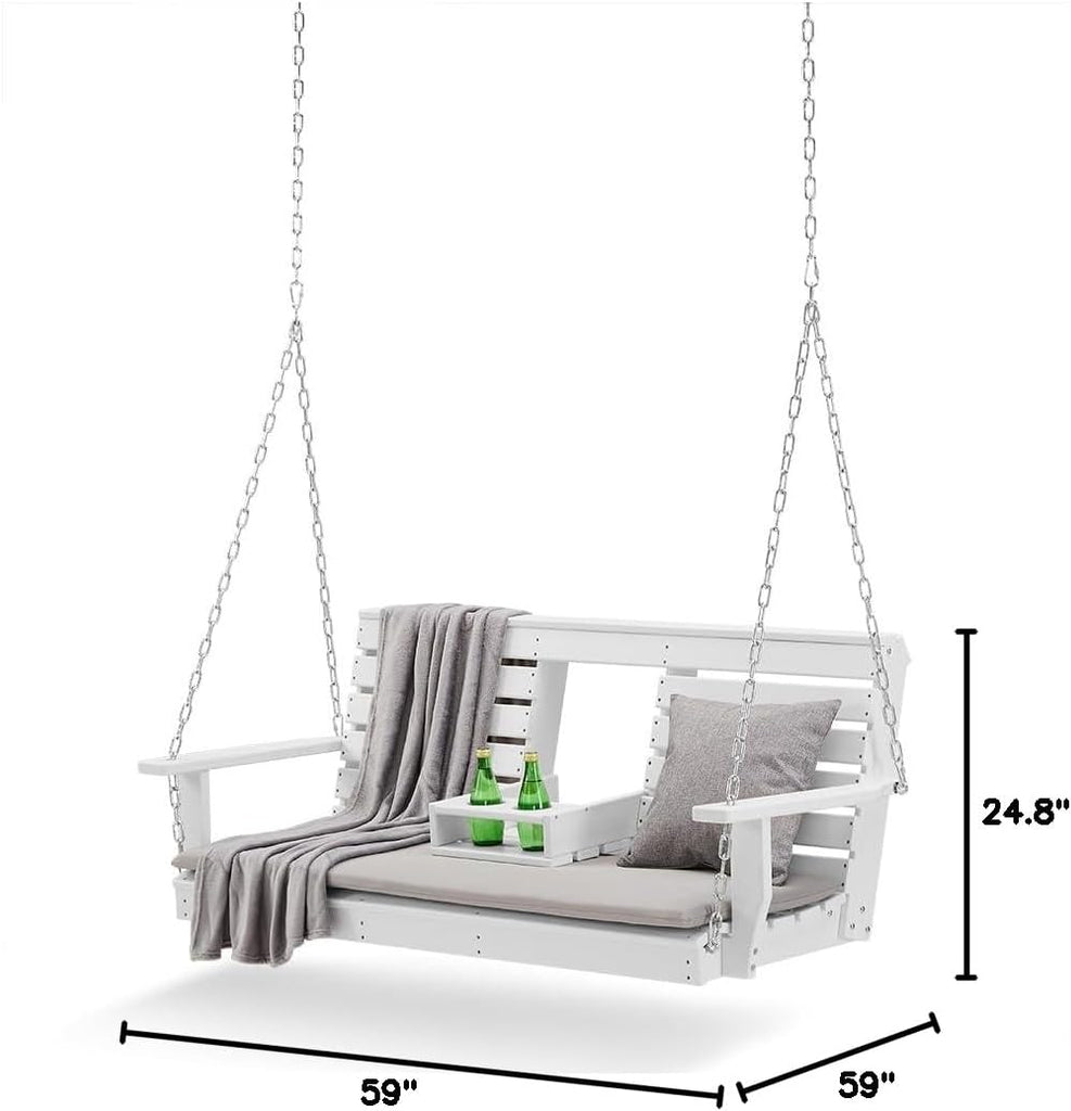 Heavy Duty Poly Lumber HDPE Porch Swing with Mounting Kit and Accessories Outdoor Hanging Chair with Cup Holders