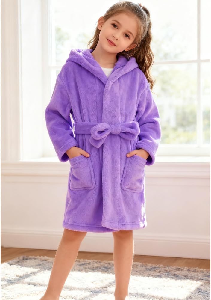 Kids Bathrobe Hooded Plush Fleece Robe for Girls Boys