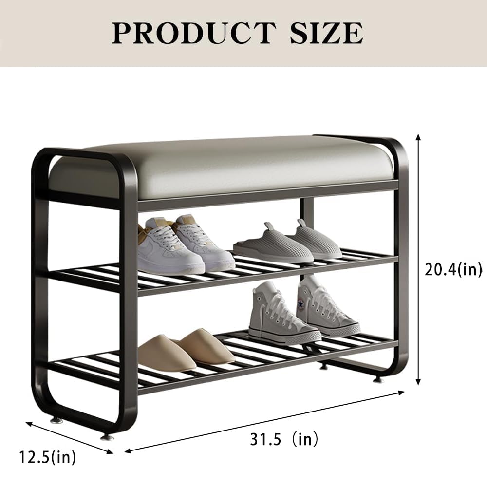 Shoe bench, entryway bench with shoe storage, modern shoe rack bench with cushion upholstered padded seat 3 Tier metal