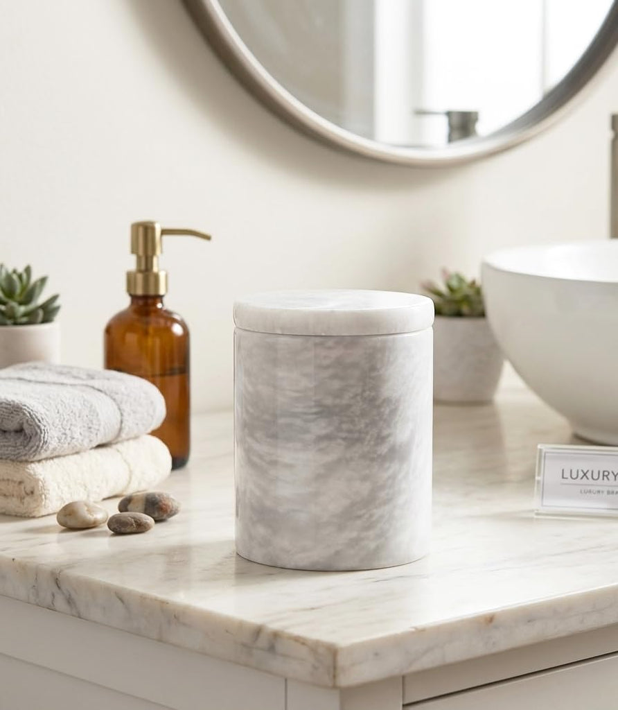 Marble Q-Tip Holder, White 4" Cotton Swab Canister