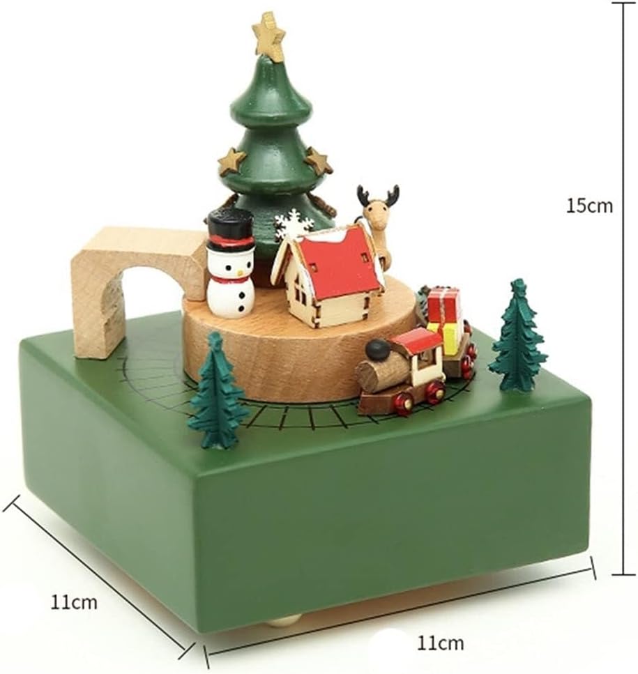 Wooden Christmas Carousel Music Box - Retro Square Design, Clockwork Swivel, "Merry Christmas" Tune, 15x11x11cm