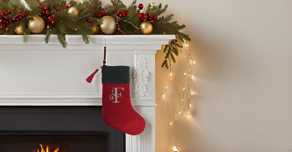Christmas Stocking Red & Green Velvet with Tassel, Rhinestone Monogram (F)