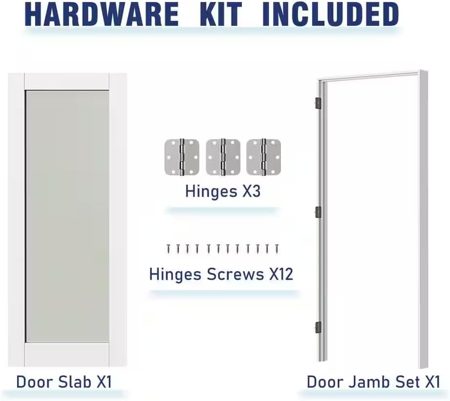 30" x 80" Pantry Door with Prehung Door Jamb, Right-Handed Interior Door, 1-Lite Frosted Glass, White MDF with