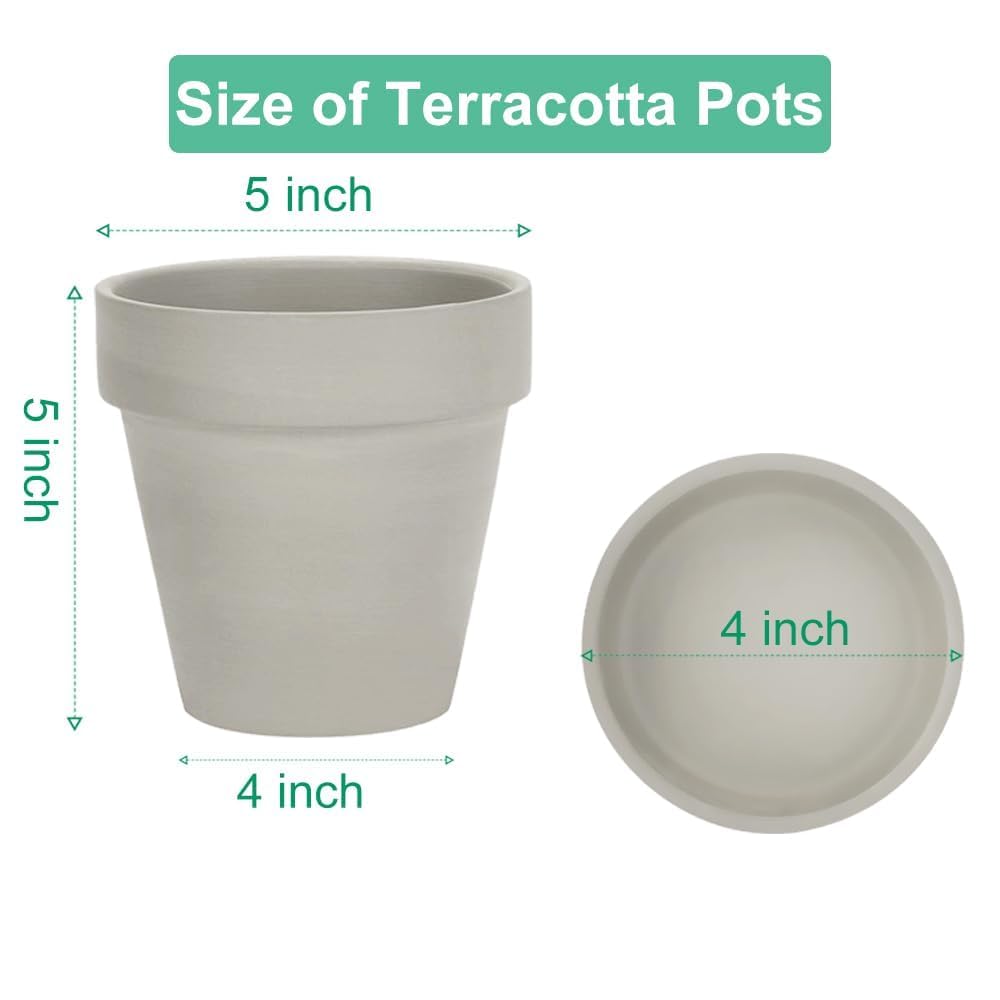 5 Inch Grey Terracotta & Clay Pots with Saucer, 6 Pack