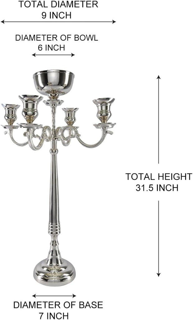 Silver Candelabra with Bowl – Elegant Nickel Finish, 4 Candle Holders & Floral Arrangement Bowl, Weddings, Events &