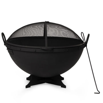Ash & Ember 32in Hemisphere Fire Pit with Screen and Poker, Cast Iron High-Temperature Black Paint Fire Bowl, Wood