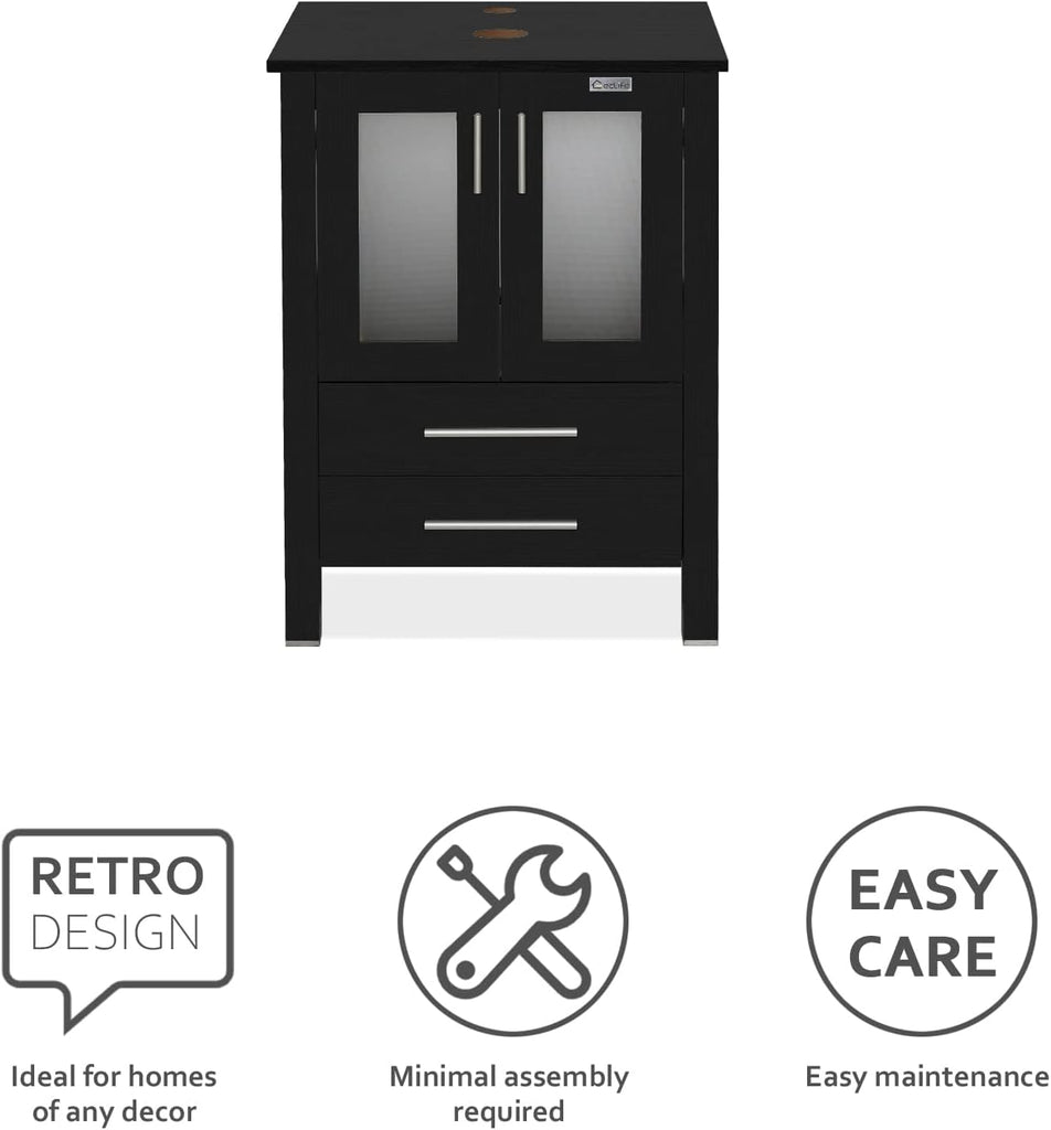 24" Modern Bathroom Vanity with Blue Glass Vessel Sink - Freestanding Cabinet with Soft-Close Door
