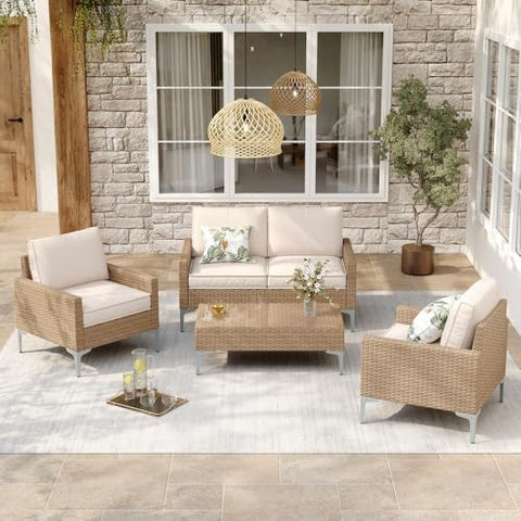 4-Piece Wicker Outdoor Patio Furniture Set - Conversation | Beige All-Weather Resistant with Thick Cushions for Backyard, Garden & Porch