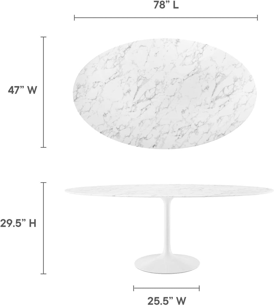 Inspired Tulip Style Oval Pedestal Dining Table — White Base / Marble Top, 78″ Oval
