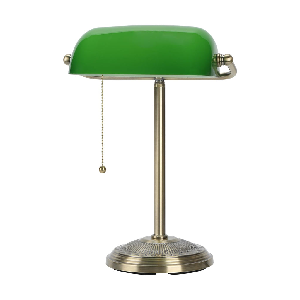 Bankers Lamp, Brass Finish with Pull Switch, Green Glass Shade