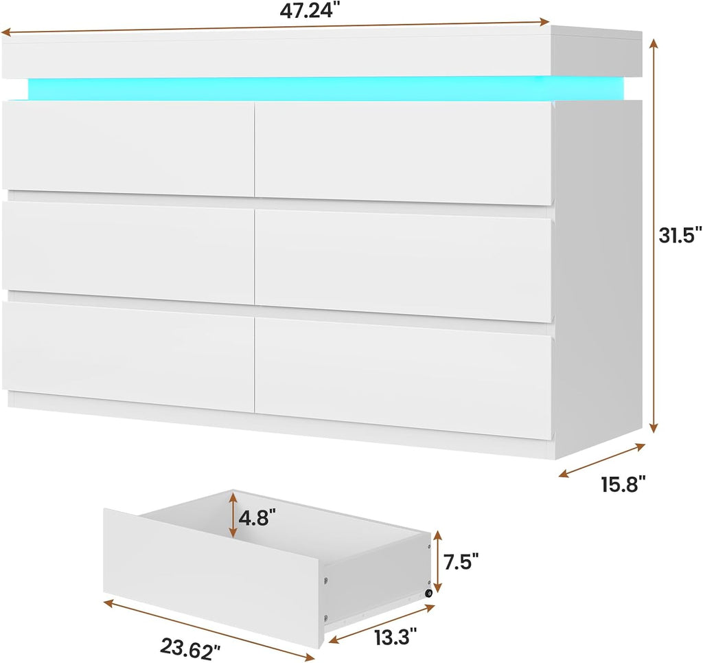 6 Drawer Dresser with LED Light, White Modern Chest of Drawers ,Closet Dressers with Drawers