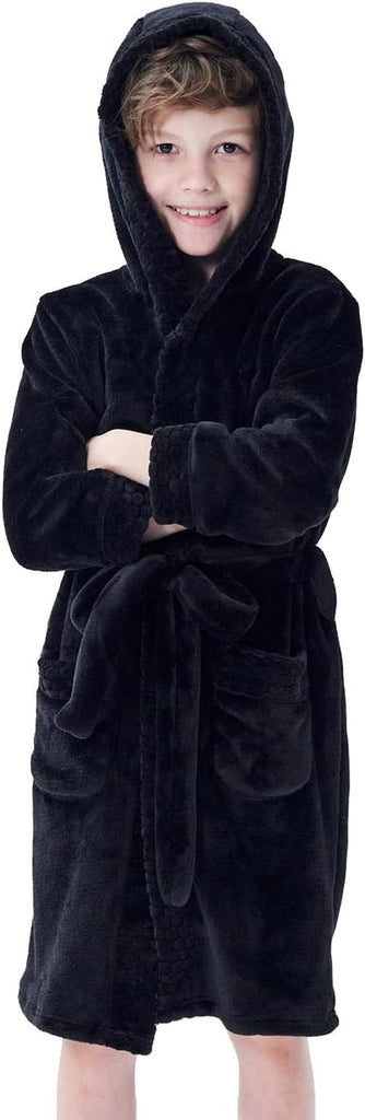 Boys Girls Mid-Weight Plush Fleec Robe Soft and Warm Hooded Bathrobe for Kids