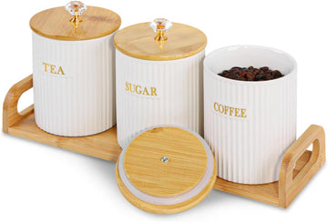 Ceramic Storage Canister for Coffee Sugar Tea, Kitchen Pantry Container with Bamboo Lids and Tray, White - Set of 3