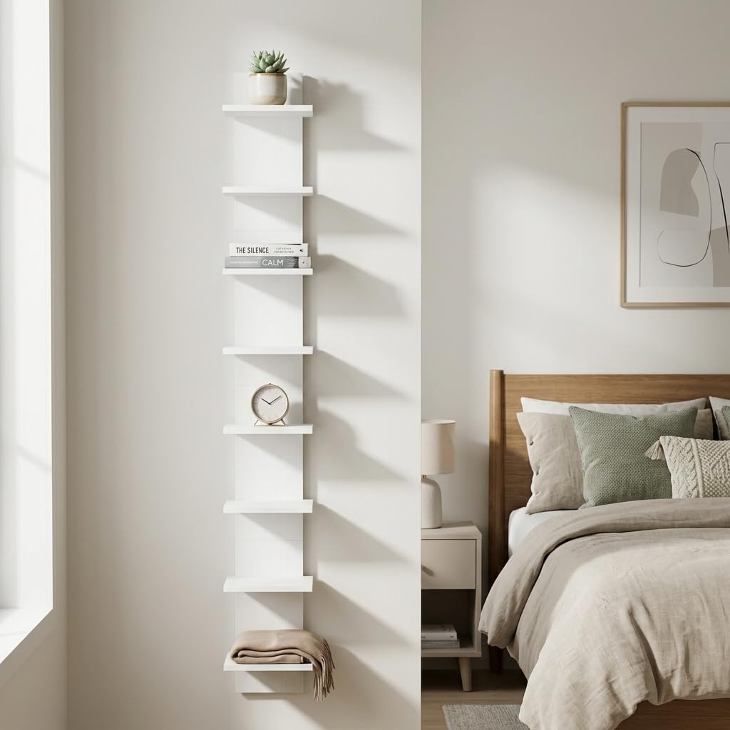8 Tier Wall Shelf Unit, 63 Inch Floating Storage, 12 Inch Wide, White
