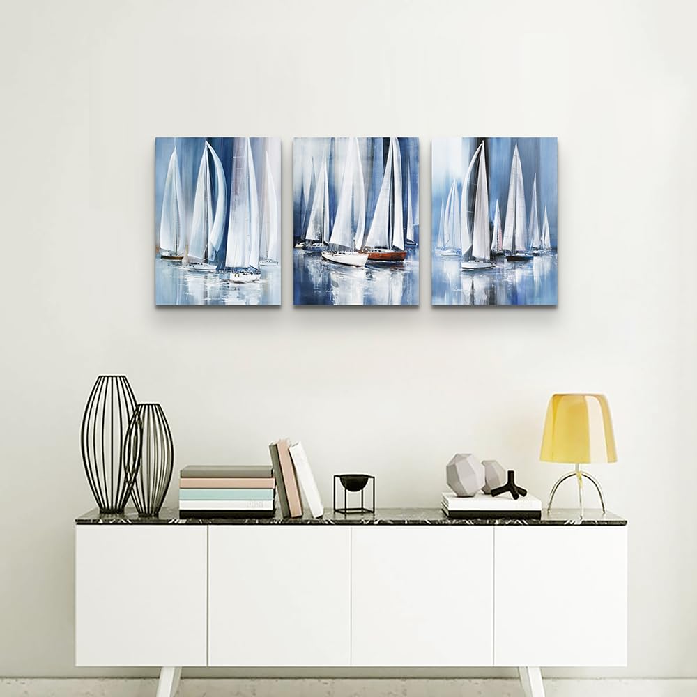 3 Piece Framed canvas wall art bathroom bedroom Wall Art Decor Ocean landscape sailboat abstract Canvas painting