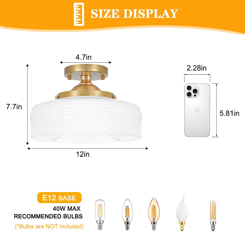 Gold Semi Flush Mount Ceiling Light with Hand-Carved Design - 12 Inch Vintage White Glass Shade with Etched Patterns
