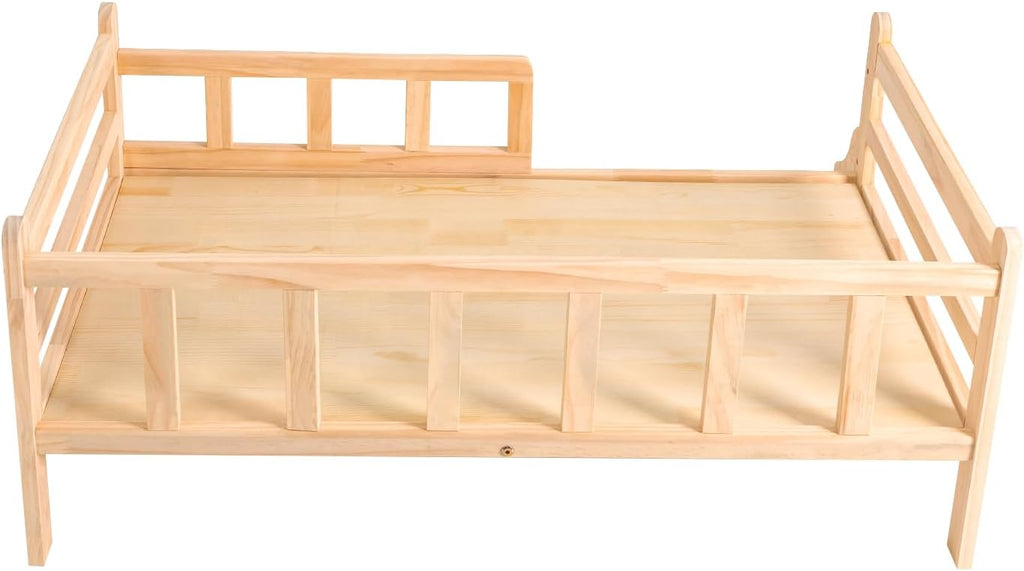 Pine Wood Pet Bed with Staircase, Wooden Dog Bed Frame w/Surrounding Fence, Elevated Dog Bed for Dogs Cats, Load 66lbs