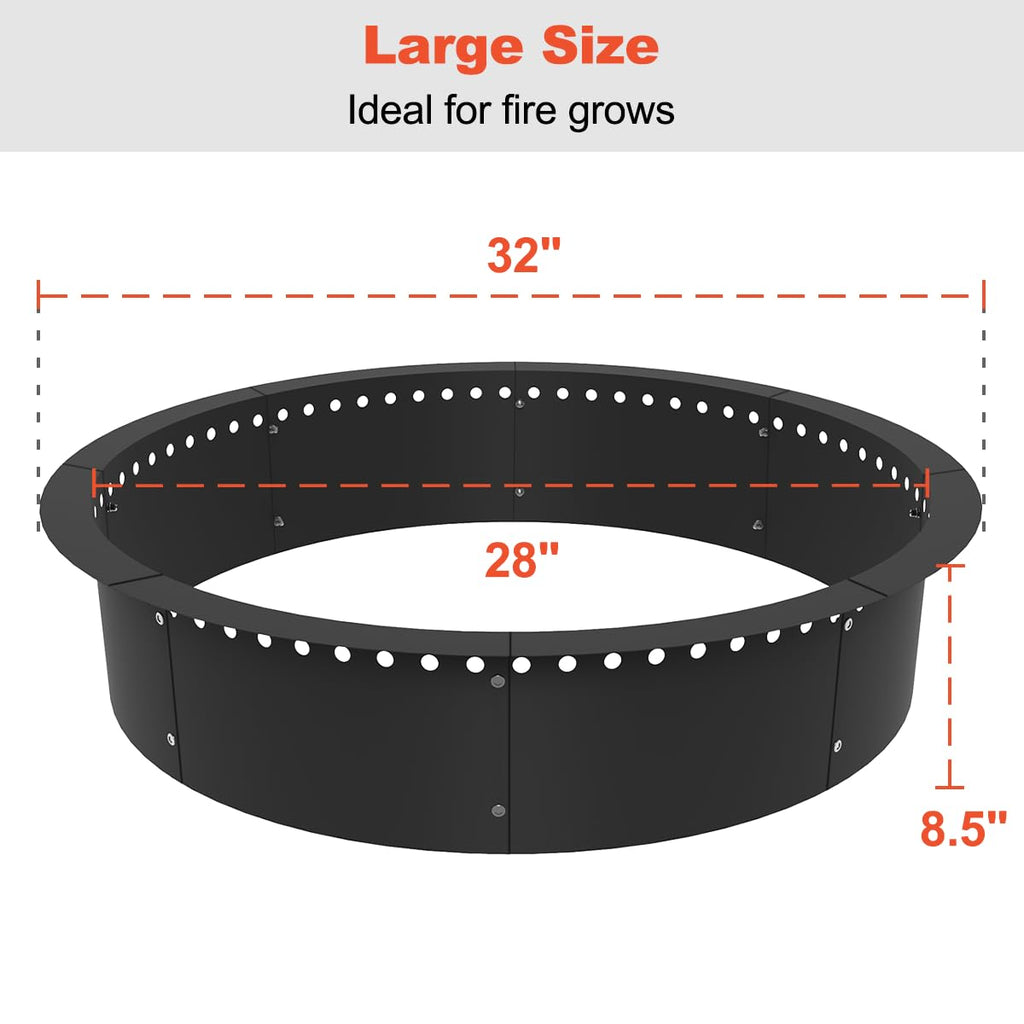 Outdoor Smokeless Fire Pit Ring Liner 32-Inch Outer/28-Inch Inner Diameter, Heavy Duty Solid Metal Steel Round