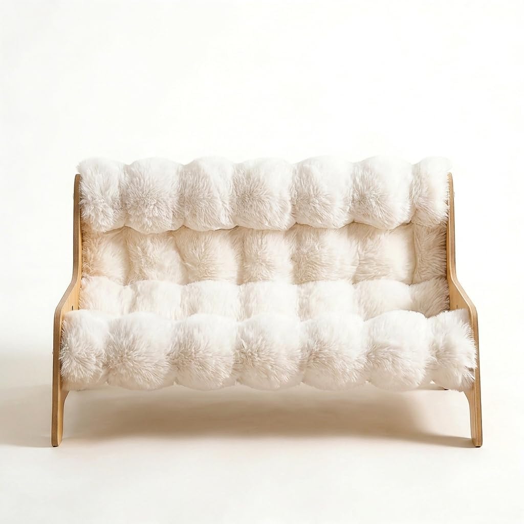 Elevated Pet Sofa Bed with Fluffy Plush Cushion Wood Frame