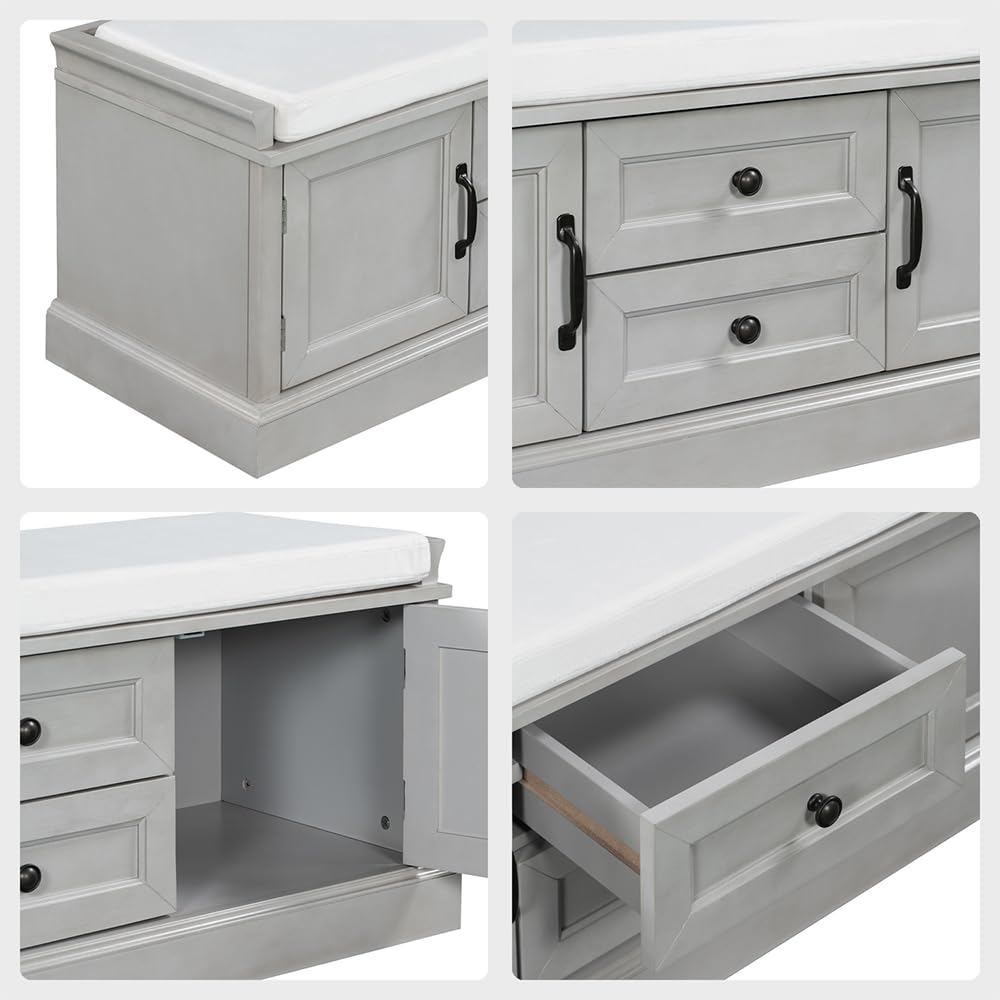 Storage Bench with Drawers and 2 Cabinets, Shoe Bench with Removable Cushion Hallway Foyer Living Room Bedroom, Shoe