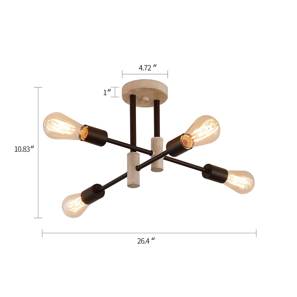 Farmhouse Ceiling Light Fixtures, Oak+Black, 4-Lights Rustic Vintage Metal Sputnik Chandelier Living Room Dining Room