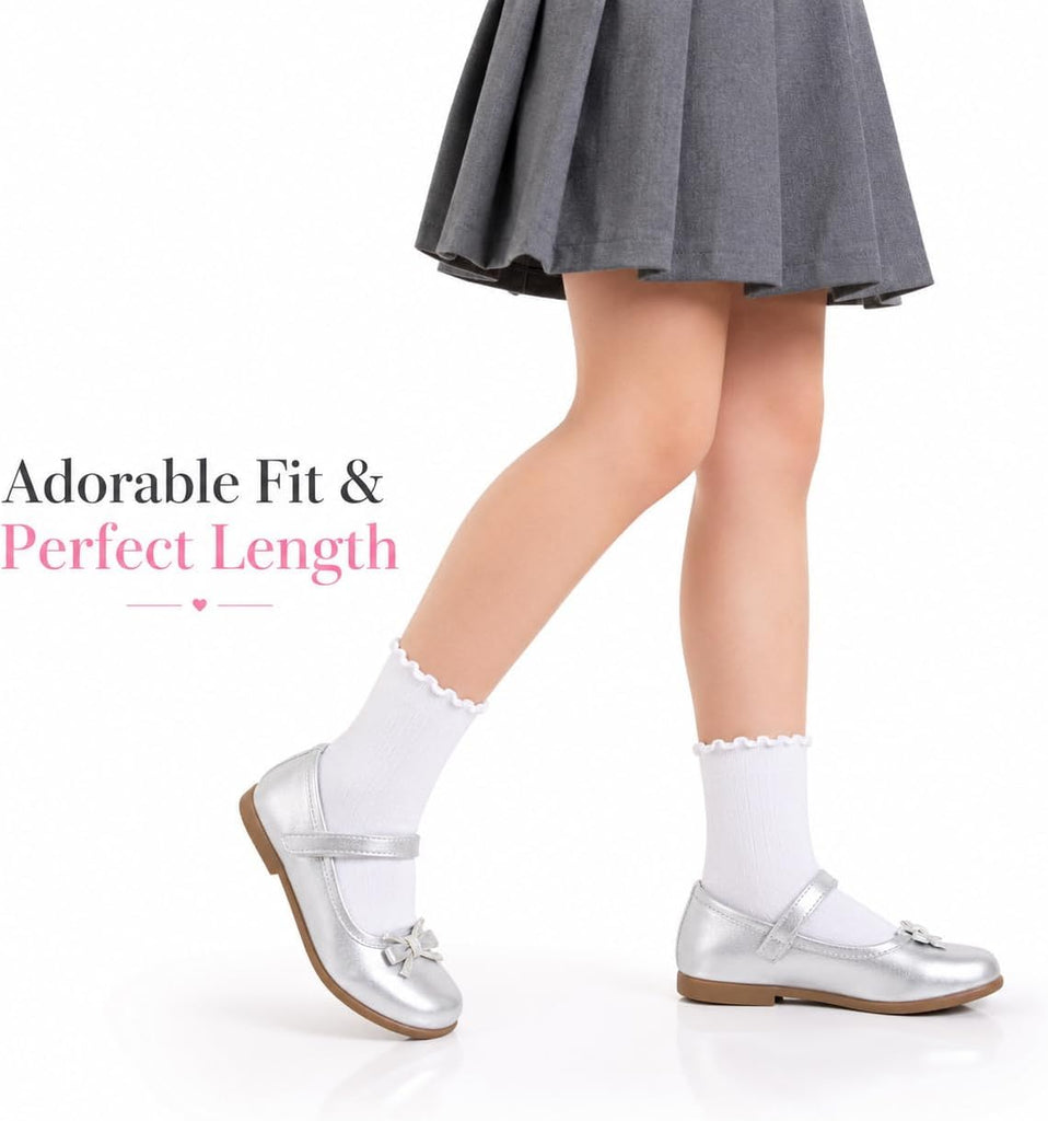 Ruffle Socks for Girls, White Cute Frilly Crew Dress Socks for Kids 6 Pairs