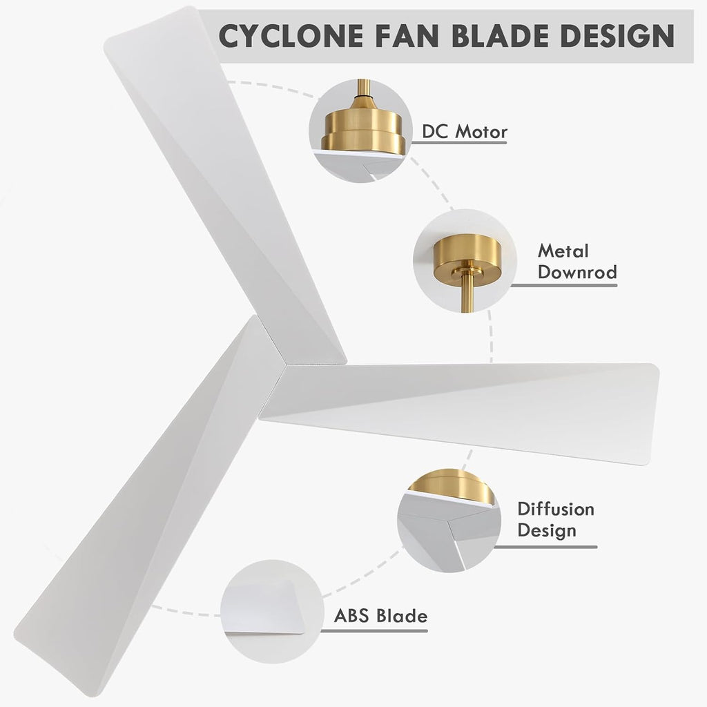 Inspired Adler Style 52" DC Ceiling Fan Without Light, 3 Sculpted ABS Blades, 6-Speed Remote - Brass and White