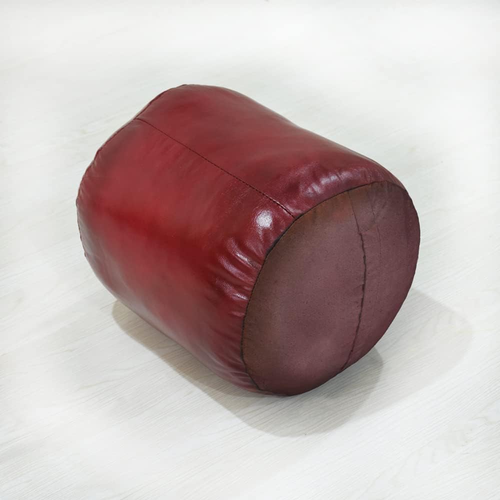 Round Shaped Goat Leather Eco-Friendly Dark Pink Pouf - Round Pouf, 14" x 14"x 14", Plain Solid Pouf, Goat Leather
