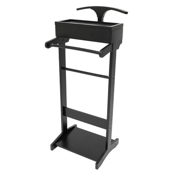 Wooden Suit Valet Stand, Freestanding with Drawer & Storage Tray, Black